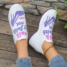 Ladies' Breathable Knitted Slip - On Sports Shoes With Stable Support - Soft EVA Sole, All - Season Casual Shoes. White With Black And Red Accents And "Walk By Faith" High - Heel Pattern Design. Ladies' Comfortable Shock - Absorbing Shoes - Purple - View 2