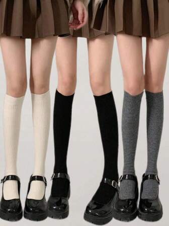 2Pairs Solid Knitted Calf Socks, Simple College Style Knee High Socks, Women's Stockings & Hosiery For Fall & Winter