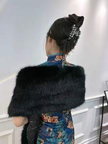 1件女士加厚仿狐狸毛披肩，奢华纯黑白配色，保暖舒适，适合圣诞派对、家庭聚会、个性化服装 - A - 查看 3