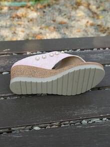 2026 New Women's Rivet Decor Sandals, Bohemian Style Fashion Wedge Heels, Summer Open Toe Slip-On High Heel Shoes, Suitable For Party, Date, Wedding And Many Occasions, Design - Baby Pink - View 5