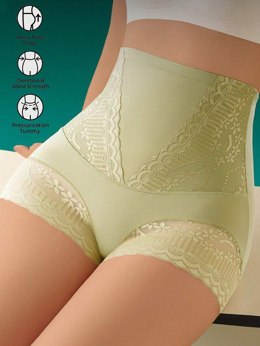 High Waist Seamless Slimming Lace Trim Briefs For Women