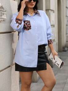 Plus Size Women Leopard Print Patchwork Striped Front Button Shirt, Autumn - Multicolor - View 6