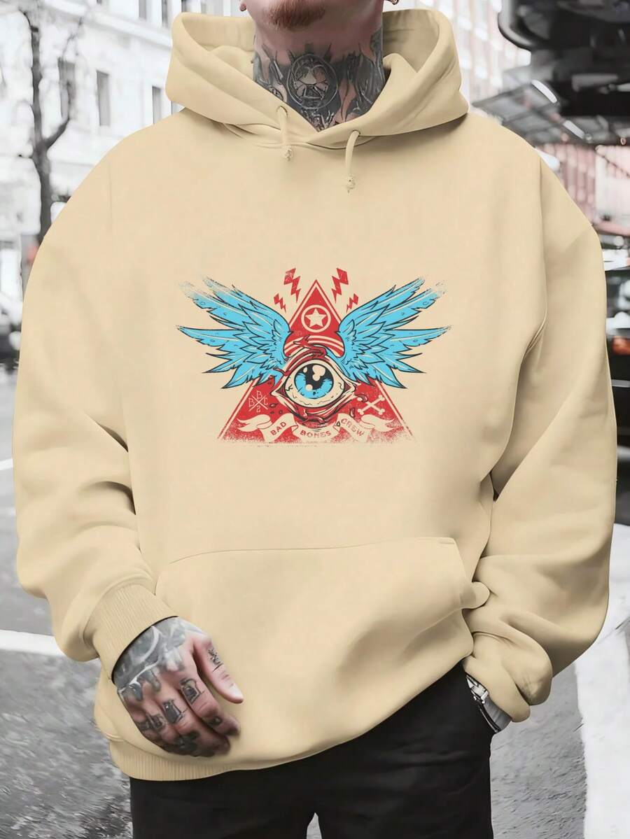 Men's Hooded Sweatshirt, Men's Fashion Hoodie With Triangular Eye Print, Blue Wings And Red Lightning Bolts For Daily Use, Social Outings, Winter And Spring, Christmas Outfit Ideas, Perfect For Outdoor Activities, Parties, And The Best Gift For Friends. - 杏色 - 查看 1