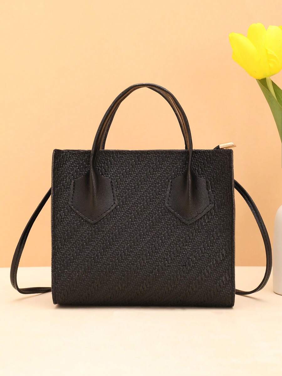 Bolso de mano, bolso de hombro, bolso bandolera de unicolor con relieve - Negro - Ver 1