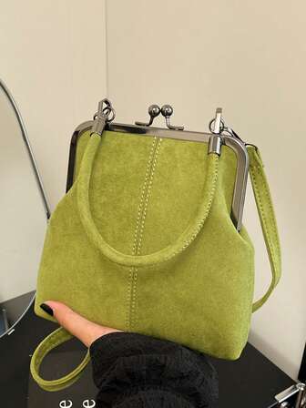 2025 Autumn And Winter New Fashion Retro Suede Material Handbag, Detachable Women's Shoulder Bag, With Button Closure Wallet. Simple Green Crossbody Bag