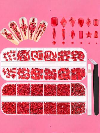 2680Pcs Red Glass Nail Rhinestones 120Pcs Multi Shapes Flatback Nail Gems + 2560Pcs 1.5-4mm Round Crystal, Manicure Nail Charms Diamond Gemstones For Acrylic Nails Decoration