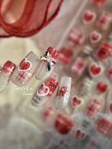 1pc Shiny Pink Nail Art Sticker, Sparkling Sweet Glitter Wool Nail Decor Sticker, Self-Adhesive Nail Sticker For Winter - Red - View 4