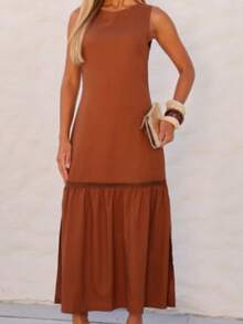 Women's Long Dress With Lace And Side Cutout - Camel - View 5