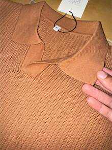 Men's Textured Knit Polo Shirt, Italian Summer Style - 鏽棕色 - 查看 6