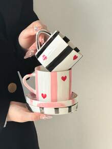 1pc Classic Striped Heart Ceramic Coffee Cup & Saucer Set, Cute Korean Ins Style Mug, Paired With Classic Striped Heart Coaster, Adorable, Creative, Personalized Breakfast Cup, Tea Cup, Coffee Cup - Perfect Birthday And Holiday Gift, Suitable For Home Use, Great Gift For Him, Fun Cup. - Multicolor - View 4