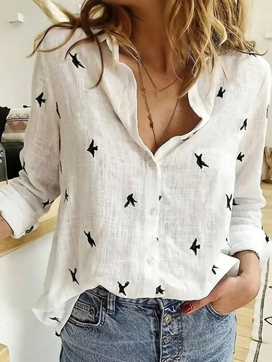 Chemise à manches longues à col cranté avec imprimé oiseau pour femmes grande taille, style casual pour festivals de musique. Printemps et été