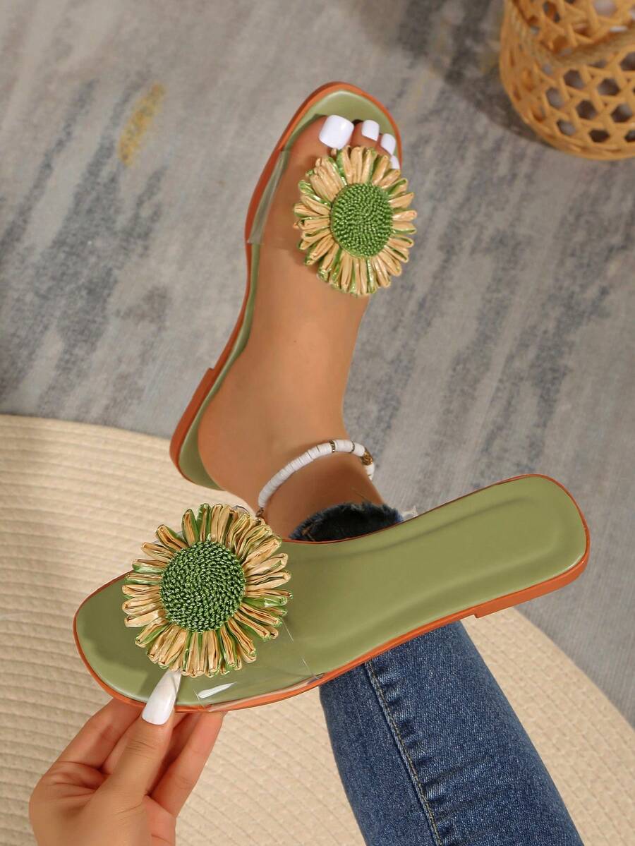 绿色女士平底凉鞋，纯色可爱仙女图案PU皮革贴花女士平底凉鞋，适合度假、派对、海滩、户外活动、春夏季穿着 - 綠色 - 查看 1