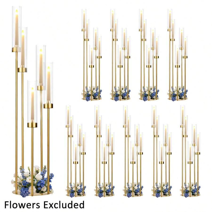 10Pcs 5 Arm Gold Candelabra Holder For Wedding Table Centerpieces,39.4 Inch Tall Floor Metal Candle Holder With Acrylic Lampshade For Wedding Ceremony,Birthday Party,Easter,Christmas,Thanksgiving Valentine's Day Decoration(Not Lnclude LED Candles) - 金色5Arm - 查看 1