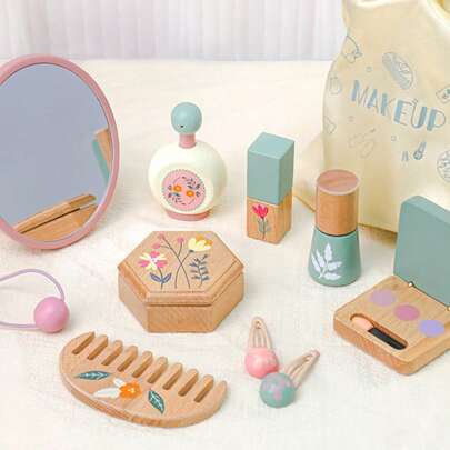 Wooden Makeup Toy Set, Pretend Play Makeup Kit With Brush, Mirror For Girls, Birthday Gift