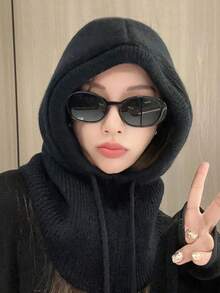 1pc Women's Grey Drawstring Balaclava Knit Face Neck Warmer Outdoor Ski Protective Hat Scarf Shawl, Suitable For Winter - Light Grey - View 8