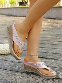 2026 New Women's Rivet Decor Sandals, Bohemian Style Fashion Wedge Heels, Summer Open Toe Slip-On High Heel Shoes, Suitable For Party, Date, Wedding And Many Occasions, Design - Baby Pink - View 4