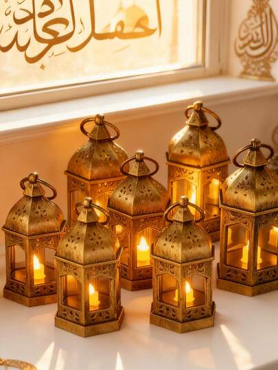 4pcs Vintage Brown Mini Lanterns With LED Lights, Portable Hexagonal Hanging Candle Lamps (Batteries Included), Suitable For Home Decor, Bedroom, Wall Hanging, Wedding Party Holiday Decoration, Christmas, Wedding Table Centerpiece