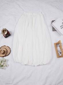 Faldas largas minimalistas de calle, faldas de línea A de unicolor con cintura elástica, con flores abultadas y pomposas - Blanco - Ver 5