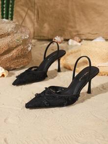 On feet& in love 女士时尚优雅蕾丝花卉镂空尖头高跟凉鞋，带踝带，适合搭配婚纱 - 黑色 - 查看 6