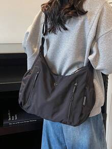 2025新款女款單肩包，小眾設計，大容量，通勤休閒百搭簡約時尚斜挎包，PU皮革牛仔效果設計，純色，舒適材質，可拆卸肩帶手提包，多個拉鍊口袋，空間寬敞，秋季托特包 - 黑色 - 查看 3
