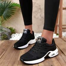 Fly Woven Sneakers, Women's Breathable Mesh Air Cushion Shoes, Women's Casual Dancing, Fitness, Running, Women's Shoes, Light Travel Shoes - 黑色 - 查看 3