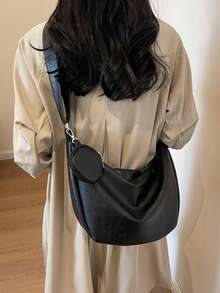 美拉德色时尚休闲女士单肩斜挎包，带零钱包，柔软PU皮革，适合日常通勤 - 黑色 - 查看 3