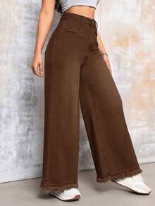 1pc Elegant Wide-Leg Jeans - Solid Color, Suitable For All Seasons, Medium Stretch Woven Fabric - Frayed Hem Detail, Women Casual Spring - Coffee Brown - View 4