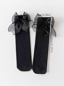 1 Pair Bow Decor Japanese Style Women's Socks, Cute Lace Trim White Long Socks, Lolita Fashion, Suitable For Spring And Autumn - Black - View 12