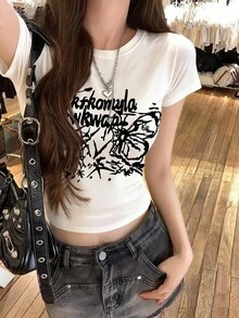 圆领短袖T恤，美式辣妹风，夏季新款蝴蝶图案和字母印花，修身短款女式上衣 - 白色 - 查看 1