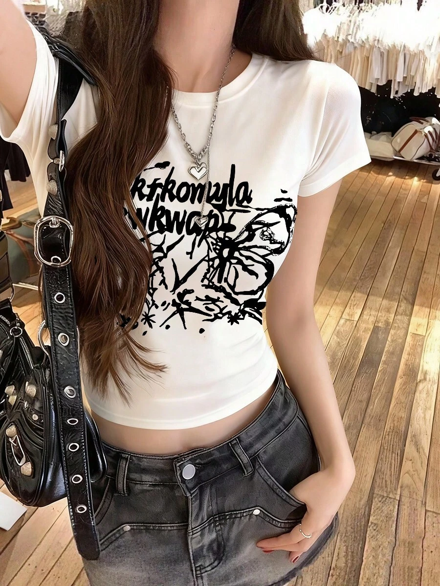 圆领短袖T恤，美式辣妹风，夏季新款蝴蝶图案和字母印花，修身短款女式上衣 - 白色 - 查看 1