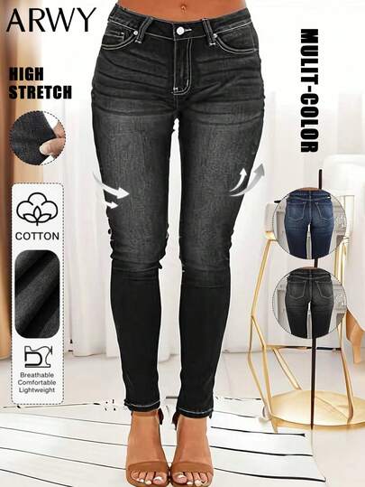 ARWY Casual Distressed Denim Skinny Jeans For Women, Elegant Stretchy Plus Size Jeggings Suitable For Daily, Airport, Travel, Date, Holiday, Easter, Carnival, Christmas, Halloween, All Seasons Black