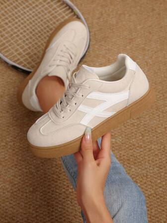 New Casual Sports Shoes, Fashion Versatile Suede-Like Lace-Up Women Sneakers, Student Shoes