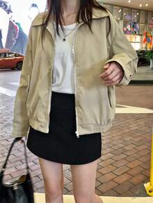 Áo khoác tiện dụng ngắn cho nữ, Áo khoác bóng chày cổ đứng giản dị phong cách mới - Màu Khaki - Xem 4