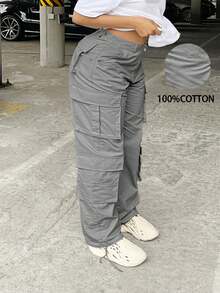 Plus Size Women's Solid Color Casual Multi-Pocket Cargo Pants - Grey - View 1