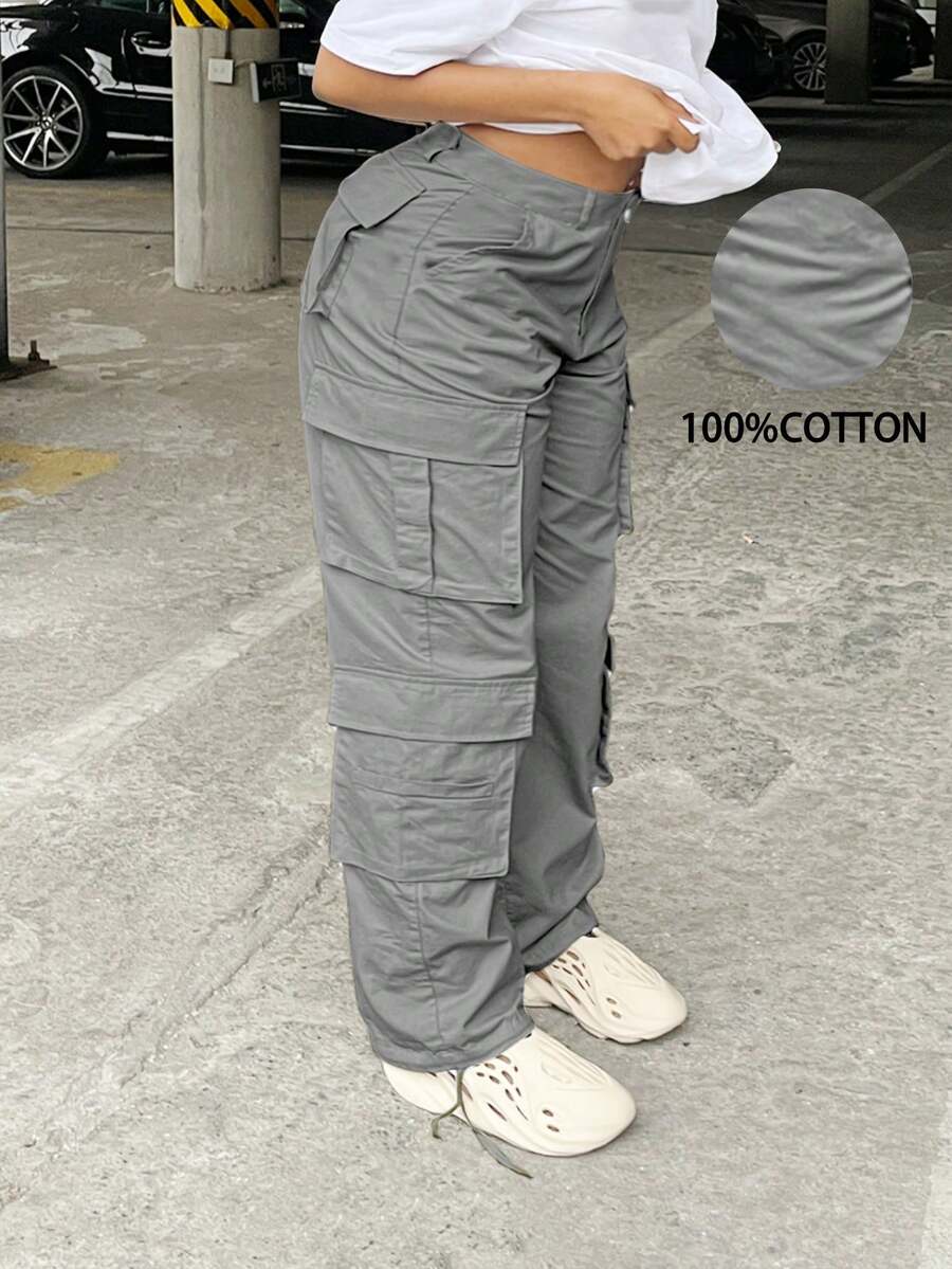 Plus Size Women's Solid Color Casual Multi-Pocket Cargo Pants - Grey - View 1