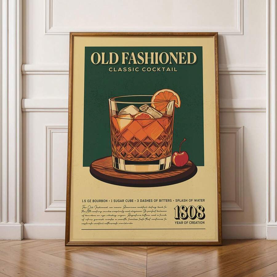 1pc Old Fashioned Cocktail Print, Old Fashioned Cocktail Poster, Bar Wall Art, Classic Bar Cart Art Prints, Retro Print, Bar Accessories - Multicolor - View 1