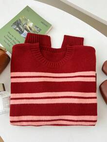 1 pieza Suéter holgado de punto de cuello redondo casual con rayas y contraste de color para mujer, jersey amplio, versátil y minimalista de manga larga - Multicolor - Ver 8