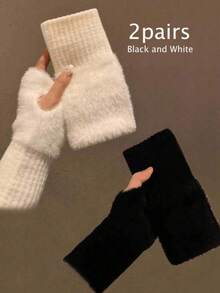 1 Pair / 2 Pairs Of Women's Fingerless Knitted Fleece Gloves, Warm Winter Gloves, Faux Fur Gloves, Multi-Functional Cute Office Cycling Windproof Fingerless Gloves - Multicolor - View 2