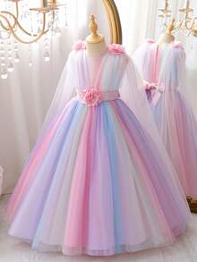 Girls' Long Gradient Rainbow Princess Dress, Fancy Layered Tulle Puff Sleeve Dress With 3D Flower Decor, Suitable For 3-12 Years Old Girls, Cute Mesh Tulle Dress For Daily Wear, Flower Girl, Wedding, Birthday Party, Special Occasions - Baby Pink - View 2