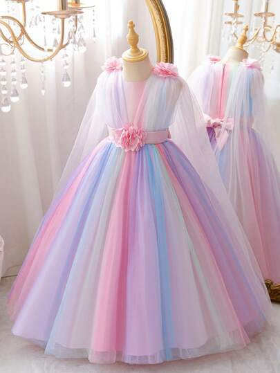 Girls' Long Gradient Rainbow Princess Dress, Fancy Layered Tulle Puff Sleeve Dress With 3D Flower Decor, Suitable For 3-12 Years Old Girls, Cute Mesh Tulle Dress For Daily Wear, Flower Girl, Wedding, Birthday Party, Special Occasions
