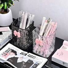 1pc Acrylic Desktop Pen Holder, 2 Color Options, 4.13*2.95*2.95 Inches, Transparent Acrylic Desktop Storage Box - Pen Holder And Storage Box, Suitable For Office And Dorm Daily Use. Luxury Rattan Pattern Desktop Storage Box, High-End Quality Storage Rack With Compartments, Can Store Lipstick And Cosmetics. - Multicolor - View 4