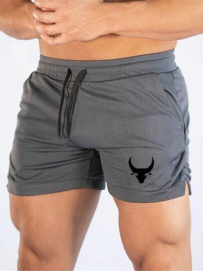 Men's Summer Bull Print Lightweight Breathable Sports Shorts, Outdoor Running Fitness Hiking Biking Loose Shorts,Men Drawstring Waist Split Hem Sports Stretchy Shorts Gym Shorts