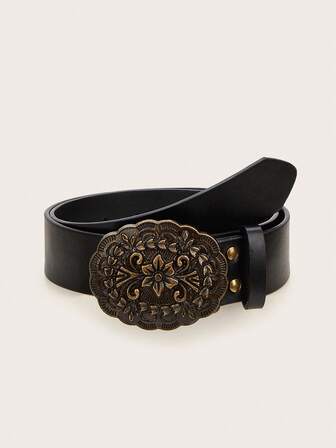 1 pieza Cinturón de cuero con hebilla vintage grabada de estilo vaquero occidental para mujer, adecuado para festivales de música en verano, escuela en otoño, otoño, Navidad y ocasiones de Halloween