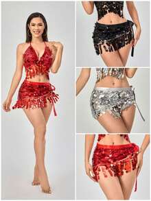 1pc Women's Belly Dance Sequin Hip Scarf Chiffon Tassel Belt Waist Chain Shawl Carnival Shiny Costume Mardi Gras Stage Dance Accessories - Multicolor - View 2