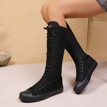 love ycodo Women & Girls Student Canvas Flat Over-The-Knee Boots, Side Zipper, Suitable For Dresses, Jeans, Parties, Cheerleading - Black - View 3