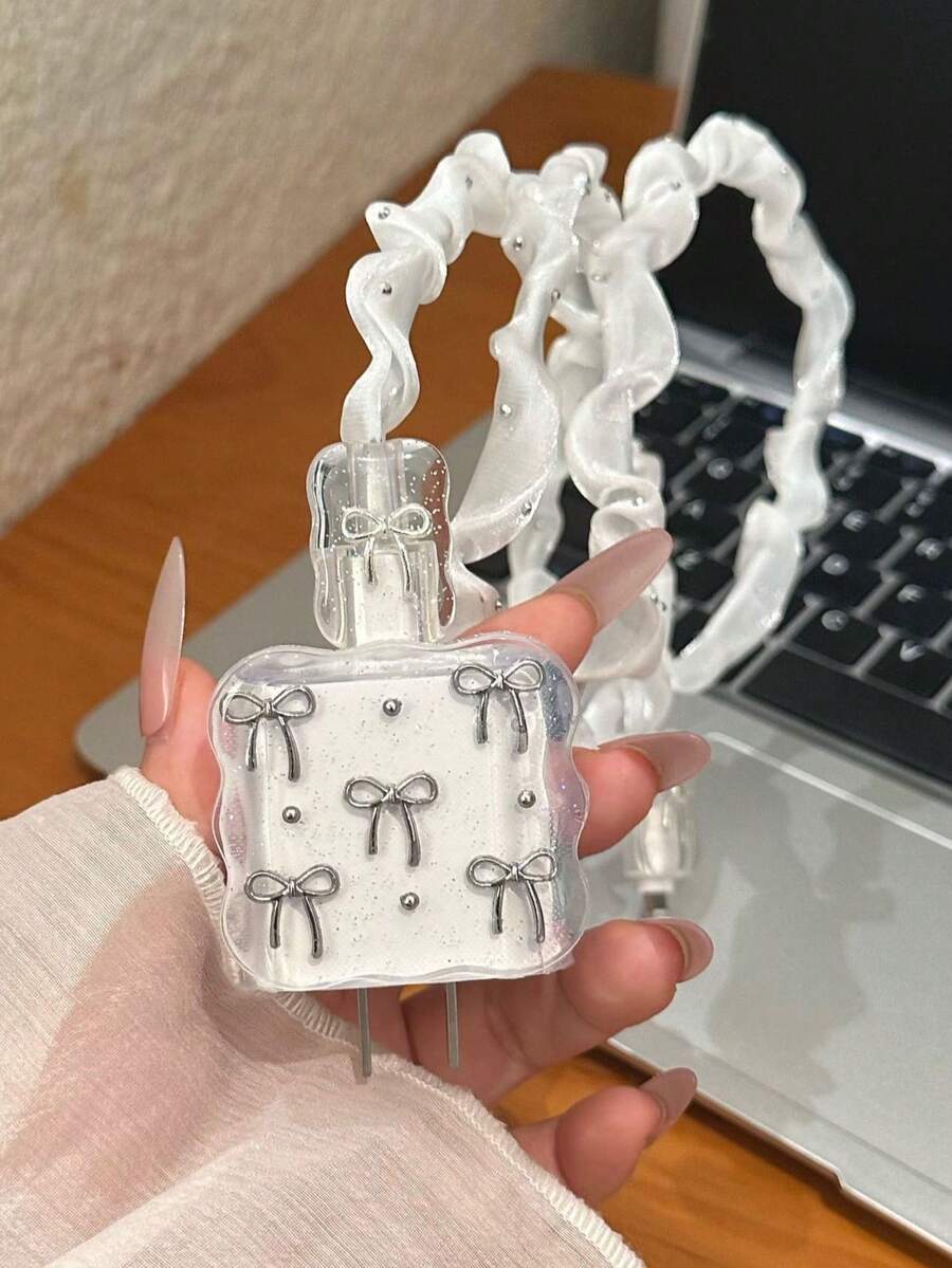 5条装天鹅绒波浪形保护线，带金属蝴蝶结和珠子设计，适用于20W/18W手机充电器，包含充电线保护套和充电头保护套，兼容多种充电器