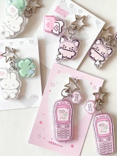 Creative Keychain - Japanese And Korean Pixel Style/Cartoon Rabbit, Mouse, Clover Phone Hanging Bag Accessories, Gift Creativity, Cute Design, Decorative Pendant, Fashion Accessories, Animal Keychain, Cute Enthusiasts, Anime Fans