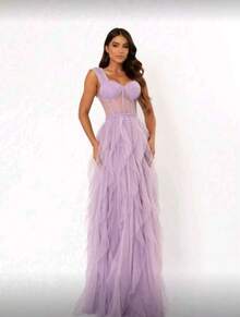 Beautiful Women's Tulle Dress With Glitter, Perfect For Bridesmaids, Graduations, Weddings, Or Wedding Guests. - Màu Lilac Tím - Xem 1