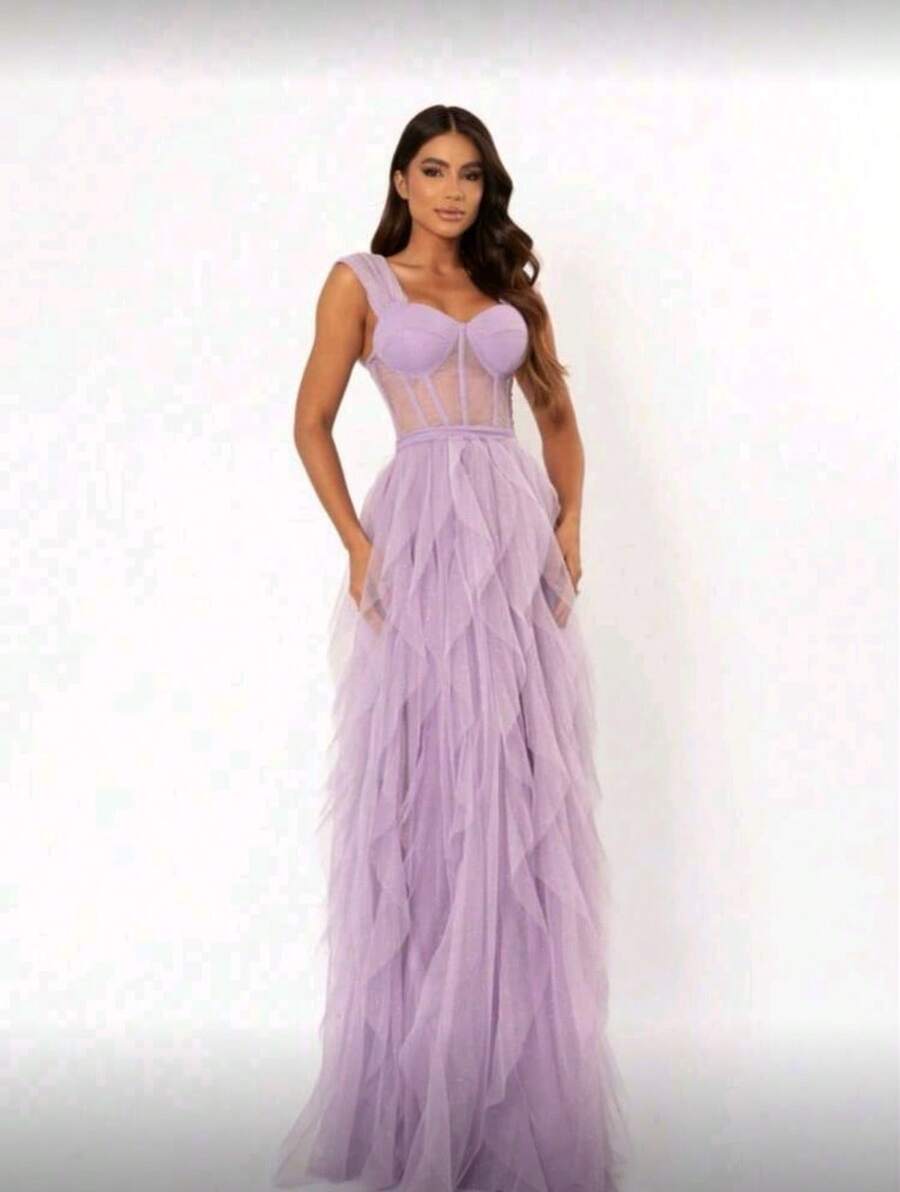 Beautiful Women's Tulle Dress With Glitter, Perfect For Bridesmaids, Graduations, Weddings, Or Wedding Guests. - Màu Lilac Tím - Xem 1