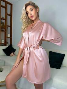 1pc Women's Solid Color Elegant Tie-Front Short Robe, Silk Comfortable Sleepwear, Suitable For Home Use In Autumn/Winter - Baby Pink - View 6